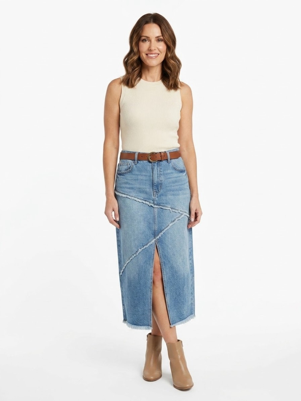 And Now This Denim Midi Skirt Sz 31 Asymmetrical Seam Raw Hem Stretch Jean Skirt